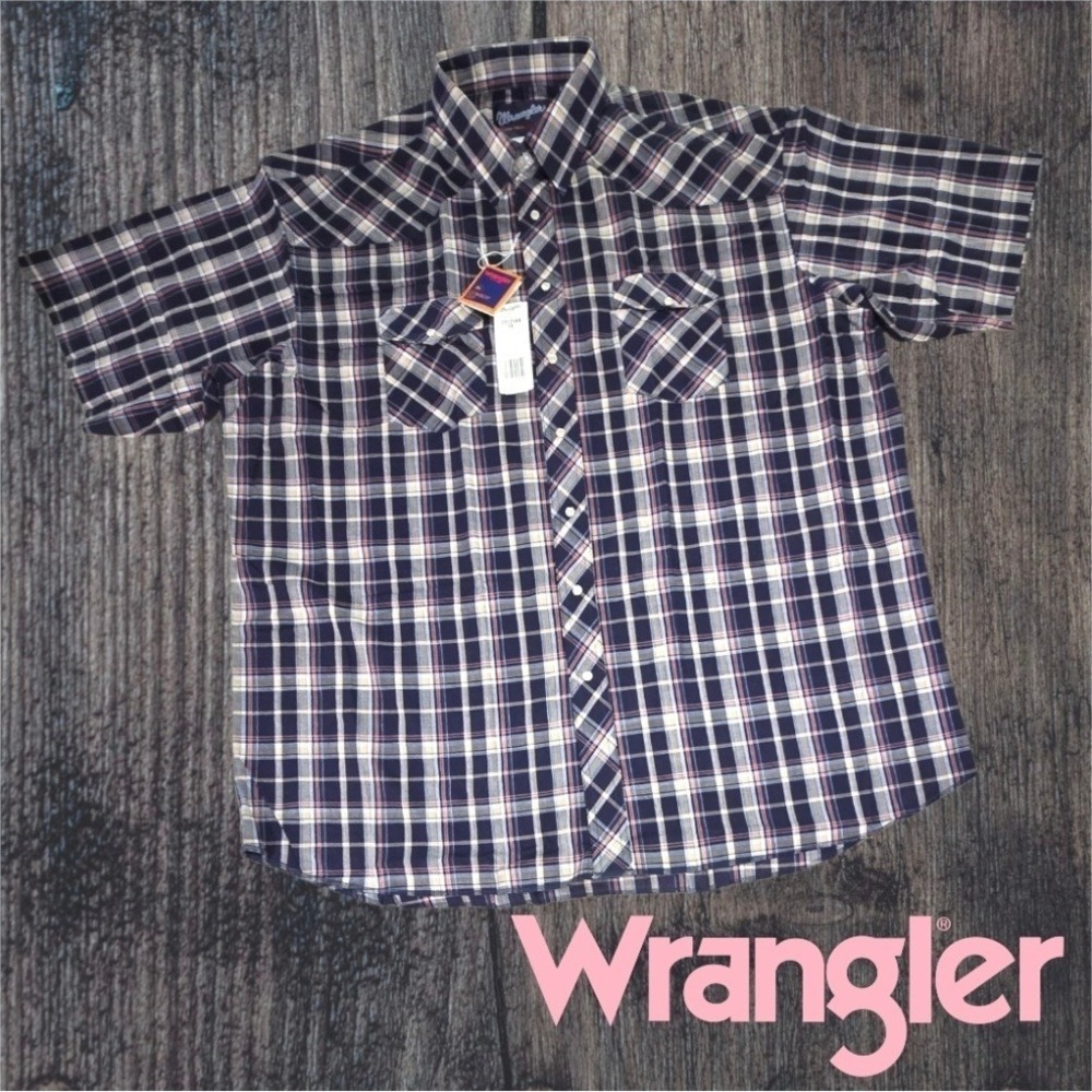Wrangler Cowboy Cut Western Shirt Mens Plaid Pearl Snap Navy Tan 19 3XL Tall NEW